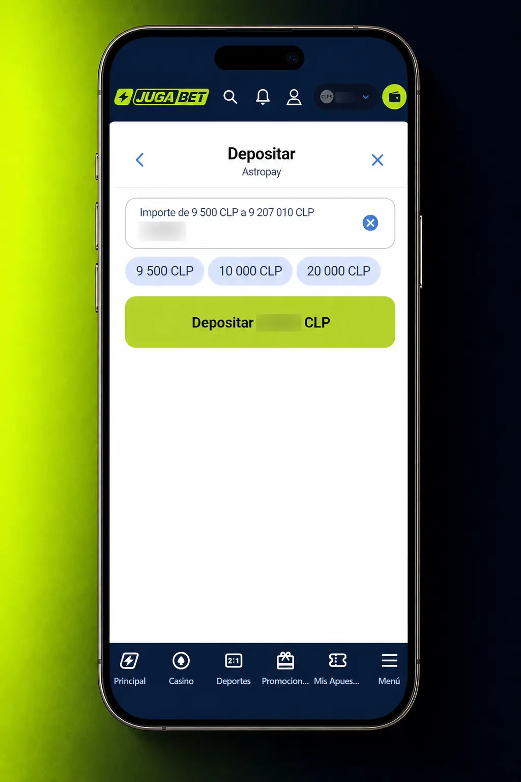 Pantalla de depósito en Jugabet